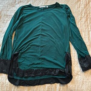 Notations Teal Blouse with Black Sequin Trim